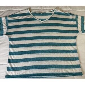 Chico's Shirt Size 3 XL Aqua White Stripe Sparkle Top Short Sleeve Coastal
